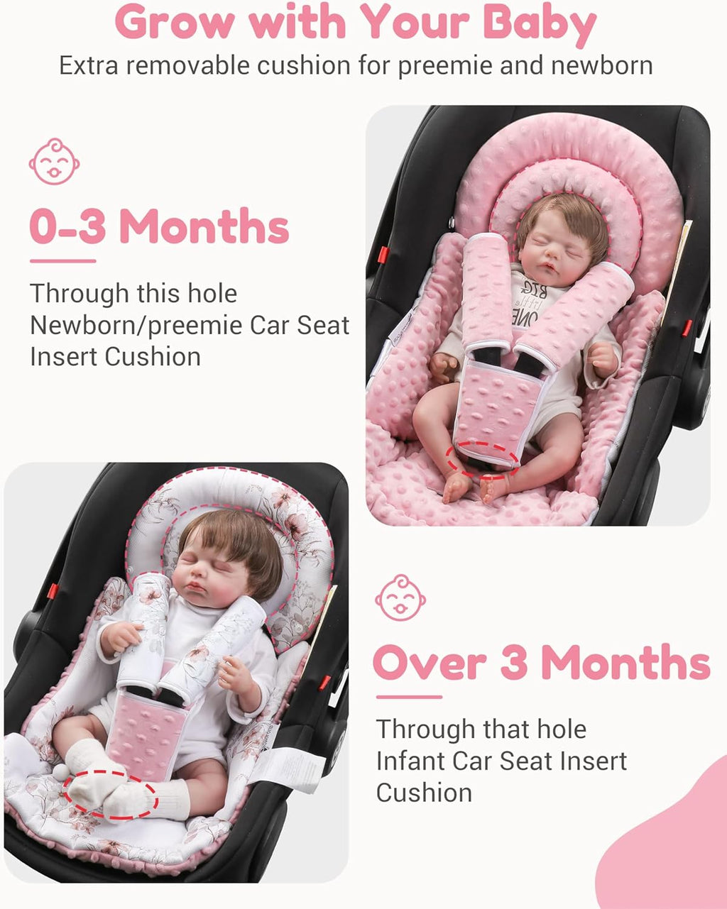 Infant Car Seat Insert with Removable Cushion for Baby Preemie Newborn Infant, Reversible carseat Insert Head Body