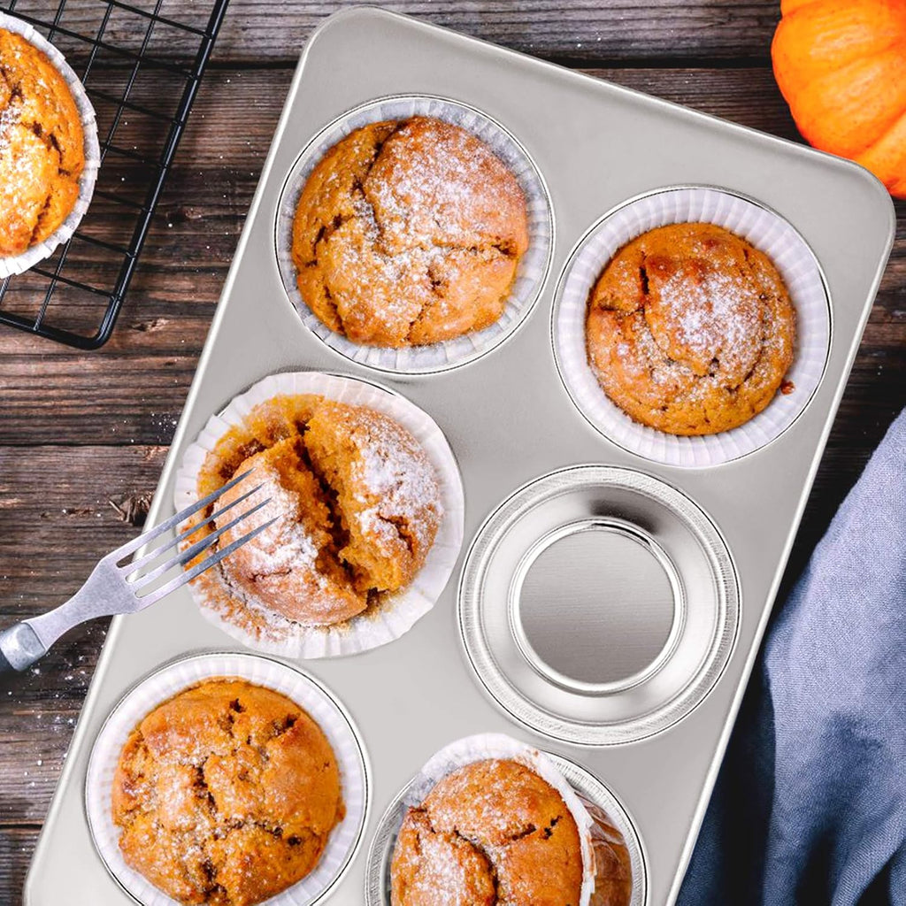 Stainless Steel Muffin Pan Set of 2, 6-Cup Cupcake Tin for Baking