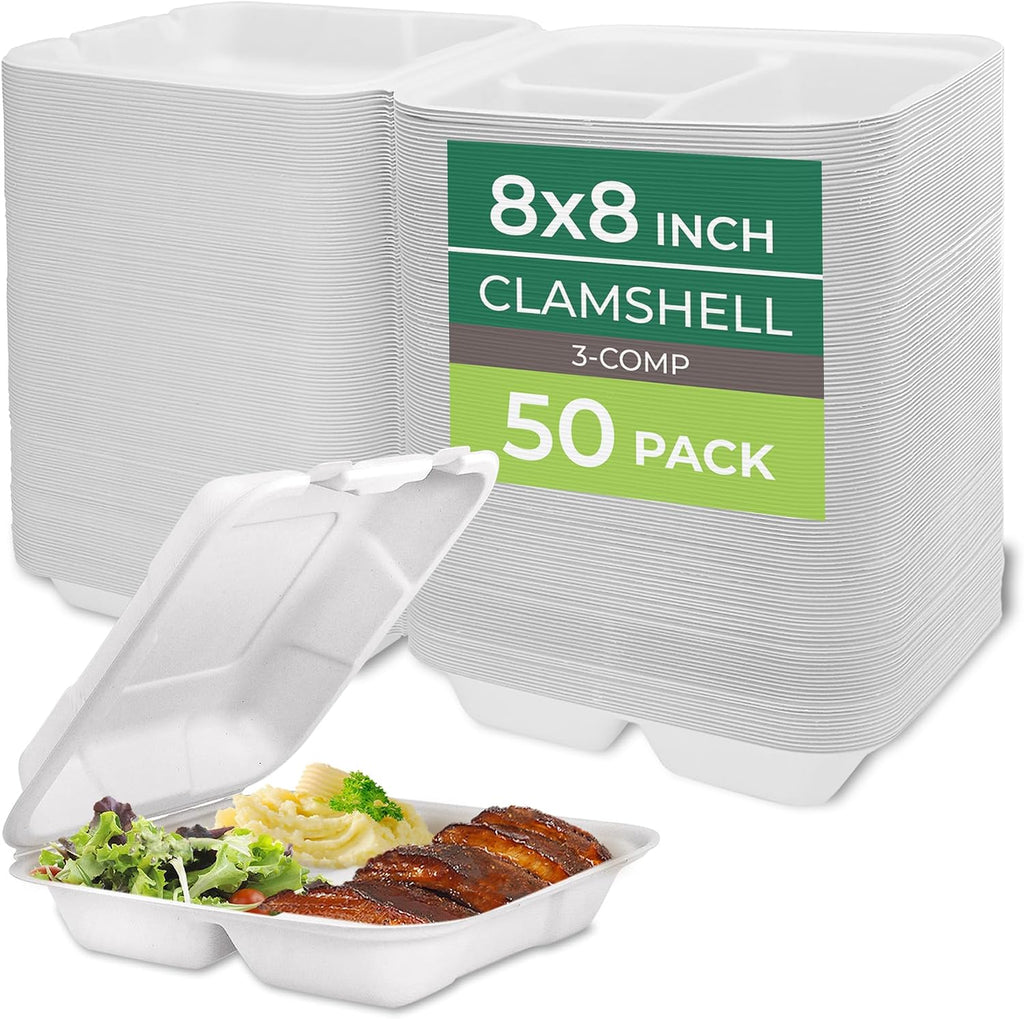 Compostable Clamshell Food Containers [8x8"] 3-Compartment 50-Pack, Disposable Containers, Biodegradable Sugarcane to