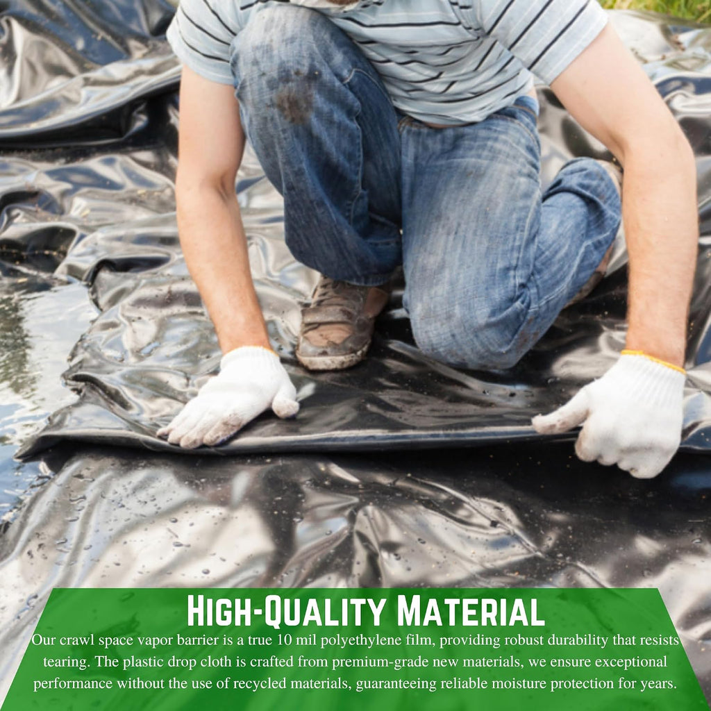 Crawl Space Vapor Barrier - 10 Mil - Black Vapor Barrier, Thick Plastic Sheeting, Heavy Duty Polyethylene Film, Drop