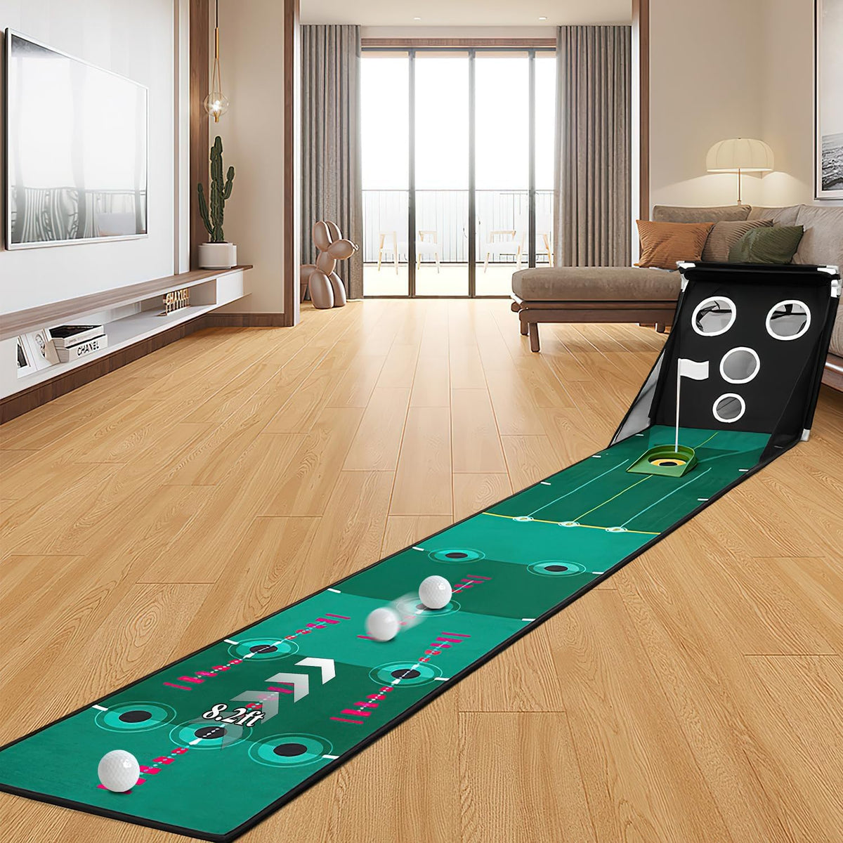 Golf Putting Green, Indoor Putting Matt for Golf Practice with Putter, Putting Cup, 6 Balls, Automatic Ball Return