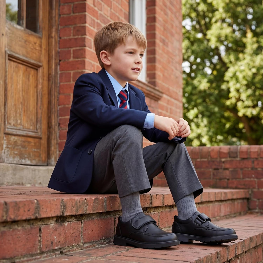 Boys School Uniform Shoes Lightweight Kids Formal Dress Shoes Slip-On Loafers with Hook and Loop Strap