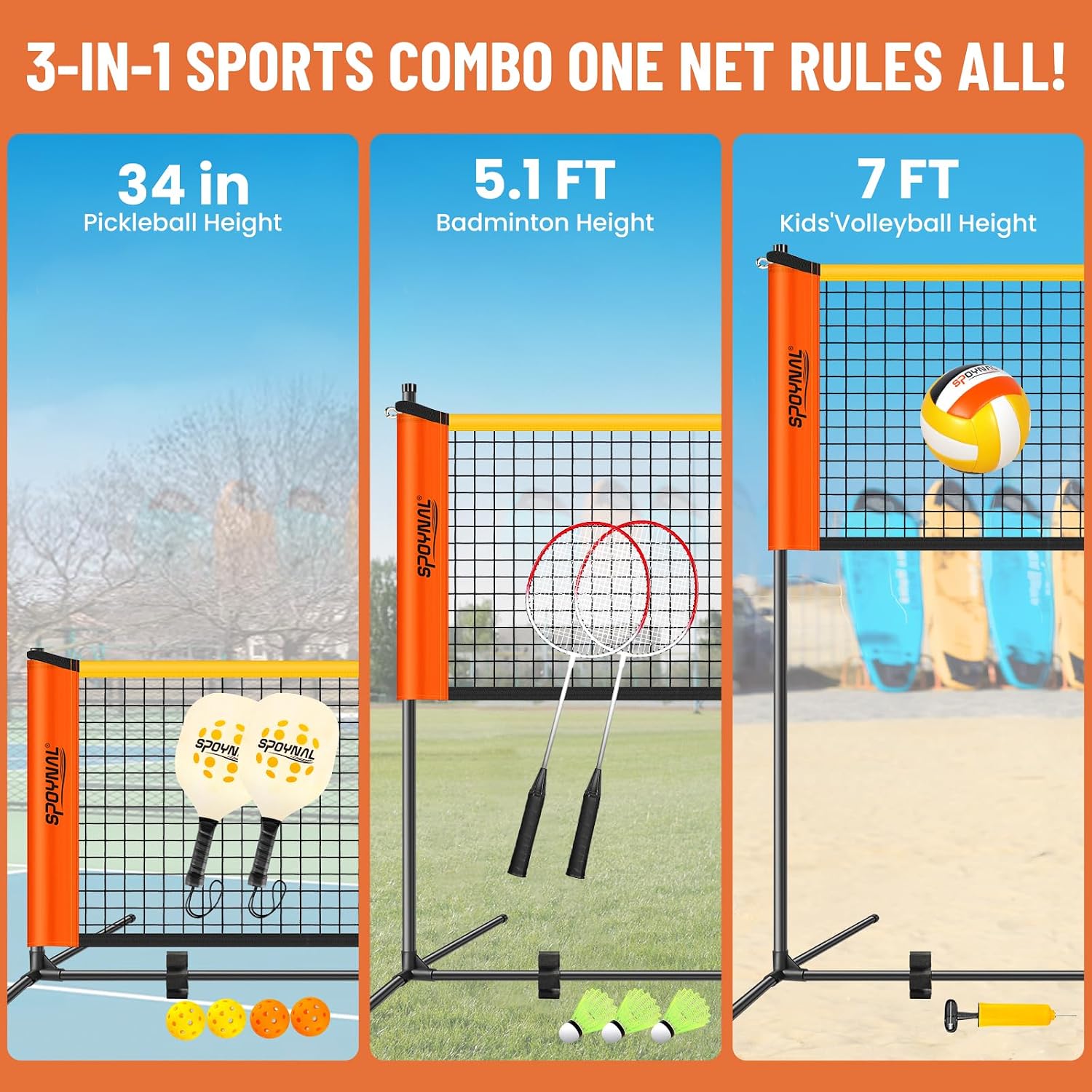 3-in-1 Volleyball Badminton Pickleball Net Set, Adjustable Height | Portable backyard net set with badminton rackets
