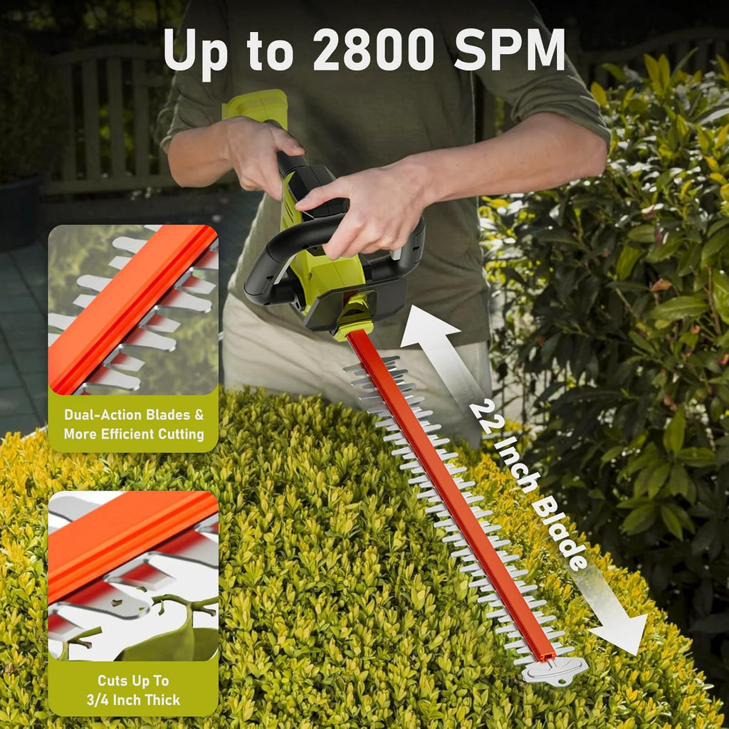 22 inch Hedge Trimmer Cordless with 2 Battery and Charger, 20V Handheld Electric Hedge Cutter with Dual-Action
