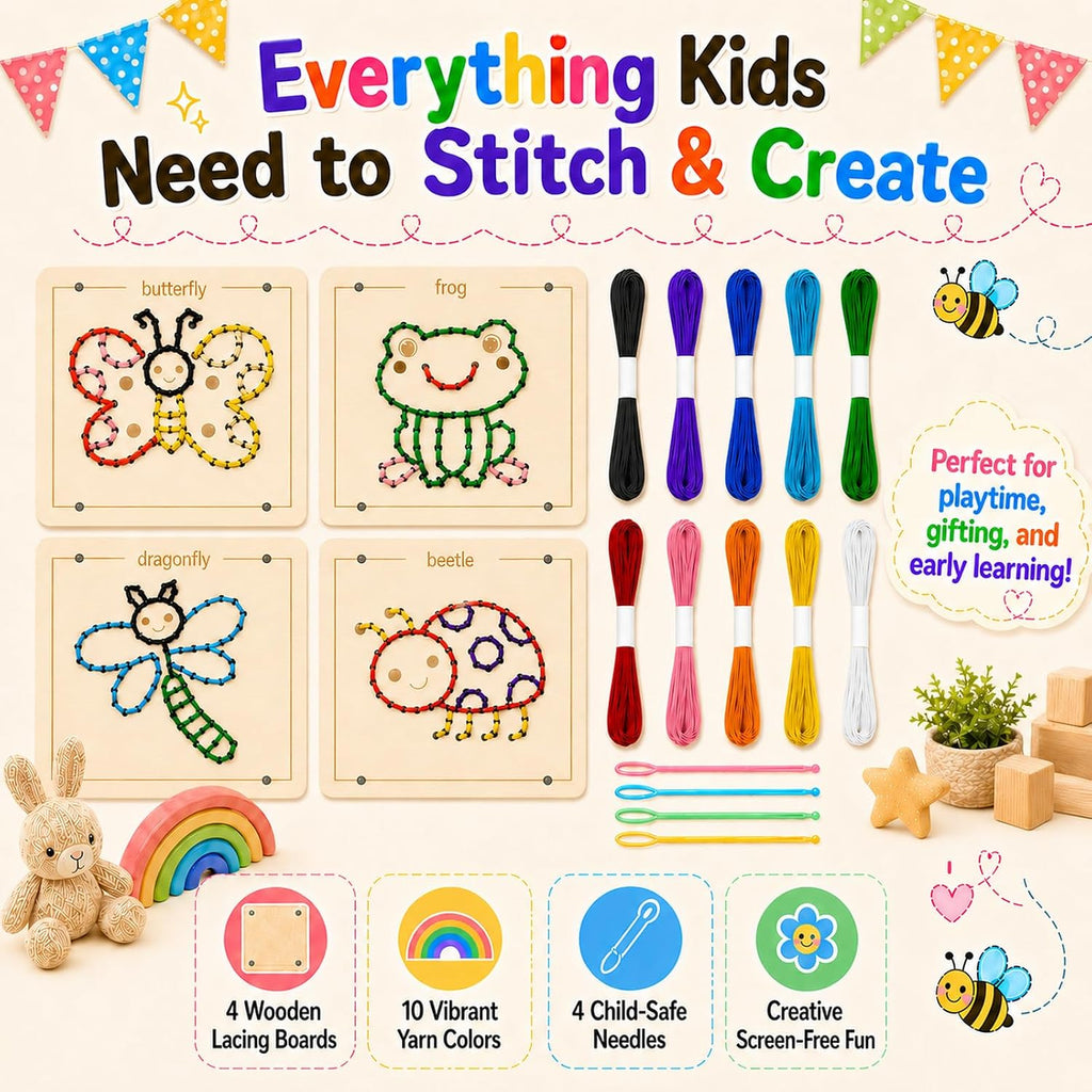 Montessori Wooden Lacing Toys for Toddlers and Kids Ages 2-4 5-7, Sewing Kit Fine Motor Skill Busy Board, Education