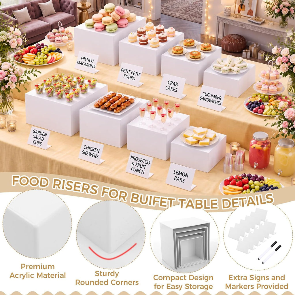 8 Pcs White Acrylic Buffet Risers with Mini Sign Marker(5" 6" 7" 8") | Food Dessert Display Stand, Decorative Cube Box