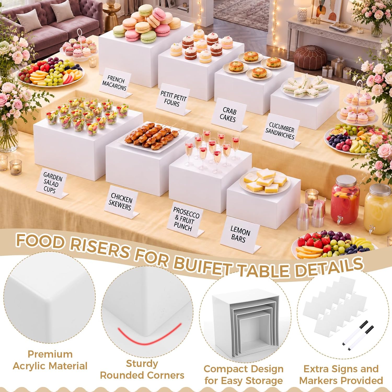 8 Pcs White Acrylic Buffet Risers with Mini Sign Marker(5" 6" 7" 8") | Food Dessert Display Stand, Decorative Cube Box
