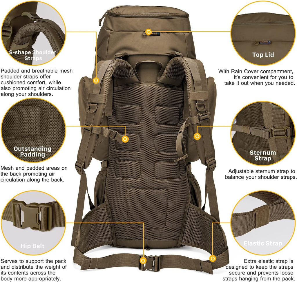 60L Military Internal Frame Backpack for Hiking,Camping,Hunting,Rucksack Backpack with Rain Cover