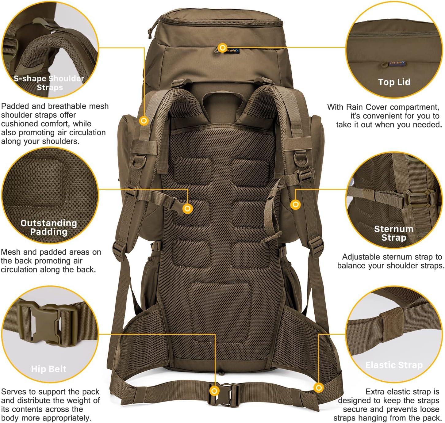 60L Military Internal Frame Backpack for Hiking,Camping,Hunting,Rucksack Backpack with Rain Cover