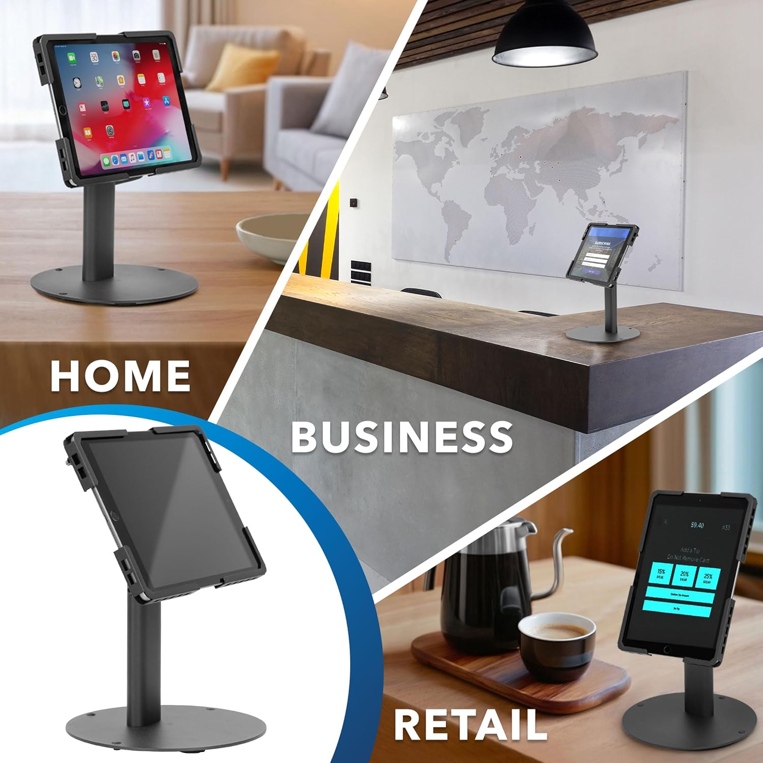 Universal Tablet Stand with Tilt, Anti-Theft Retail iPad POS Kiosk Stand, Fits 9.7"–13.1" Tablets, 90° Rotation &