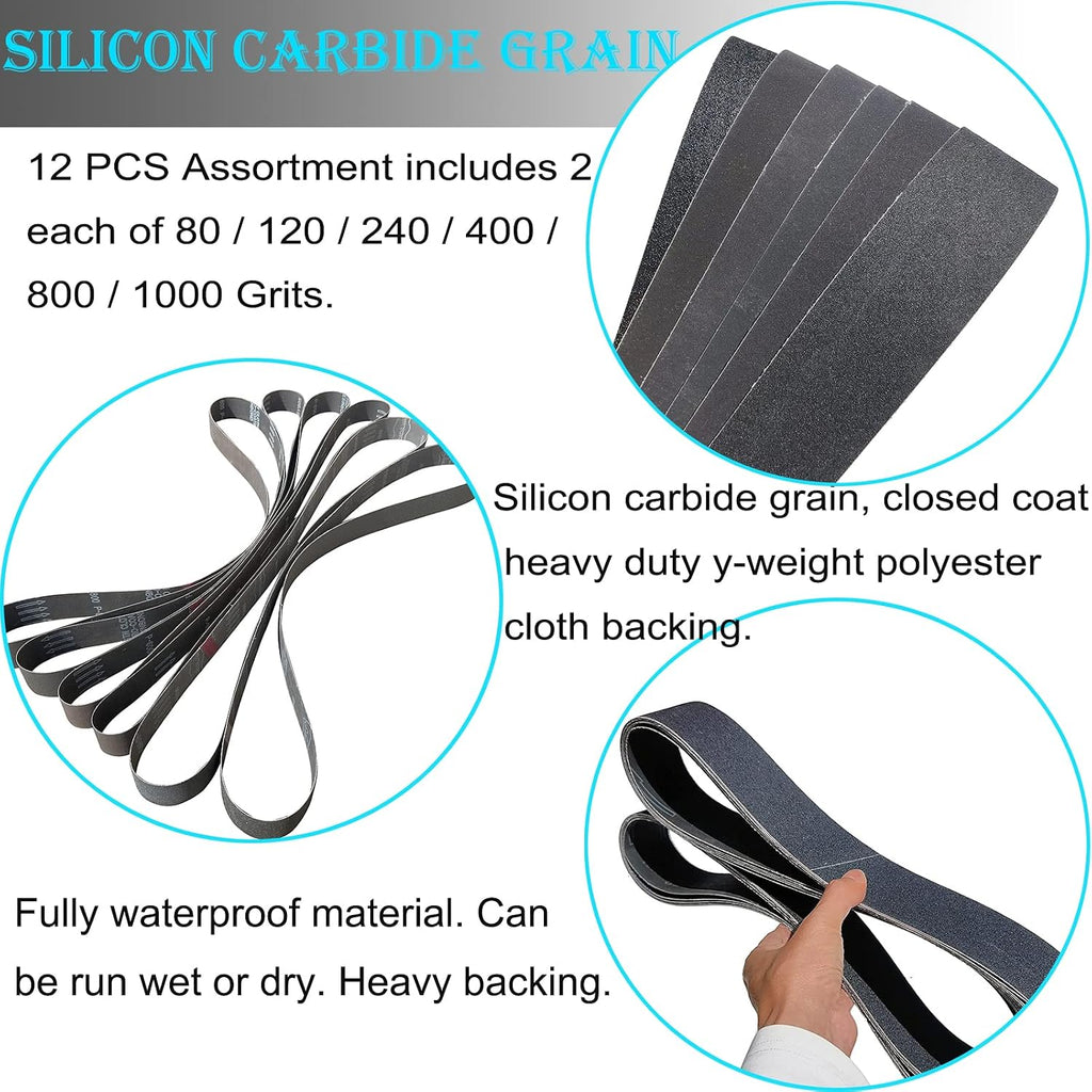 12 PCS 2 x 72 Inch Silicon Carbide Sanding Belts Assortment- 80, 120, 240, 400, 800, 1000 Grits Premium Sander Belts For Knife Sharpening and Metalworking