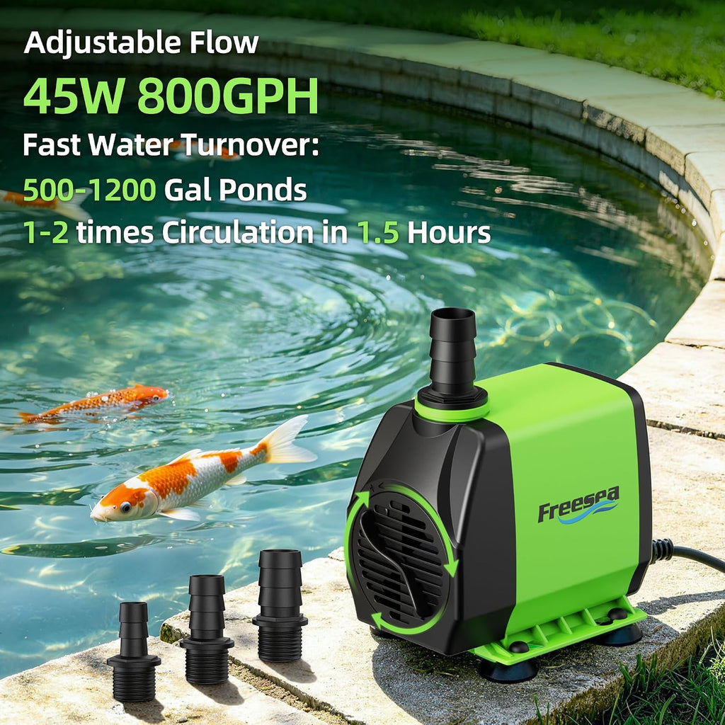 800GPH Small Pond Pump: Circulate 500-1200 Gallon Pond in 1-2 Hours