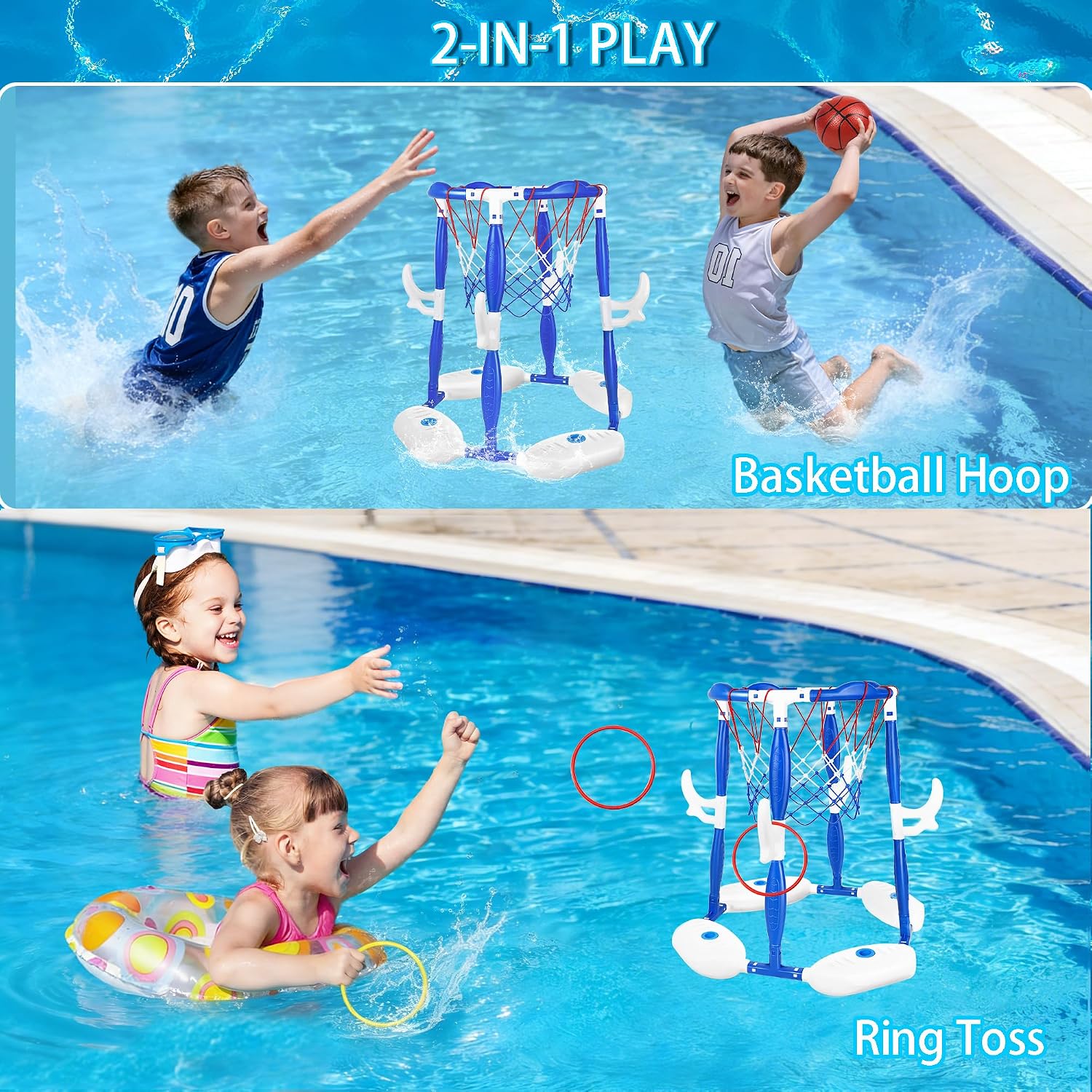 Pool Basketball Hoop, 2-in-1 Floating Basketball Hoop & Ring Games with 4 Balls 12 Rings and Pump, Outdoor Family