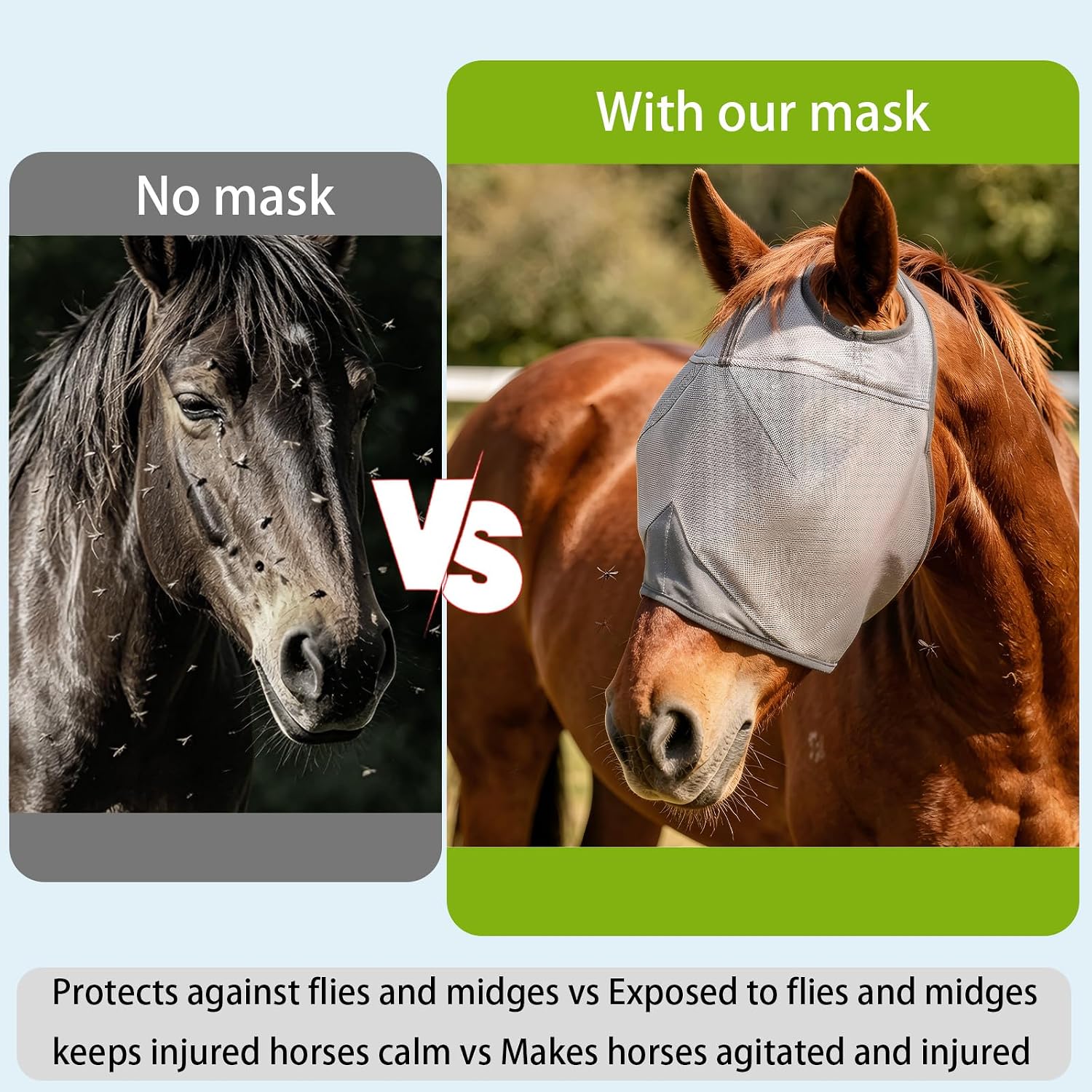 Horse Fly Mask Without Ears, Breathable Mesh UV Protection (M)
