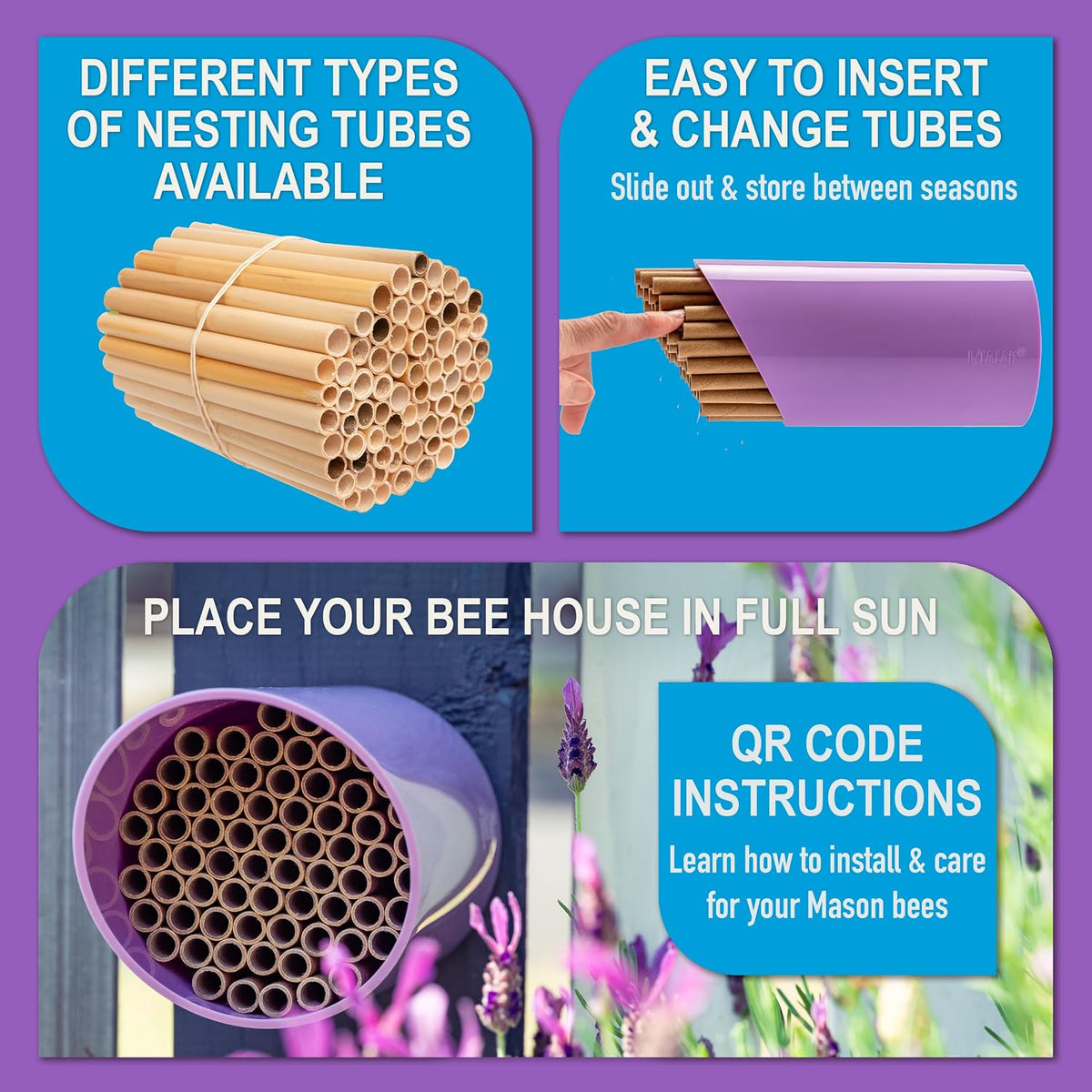 Color Splash Mason Bee House - Vibrant & Strong Waterproof Bee Hotel & Insect Habitat - Mason Bee Tubes Filled Bee