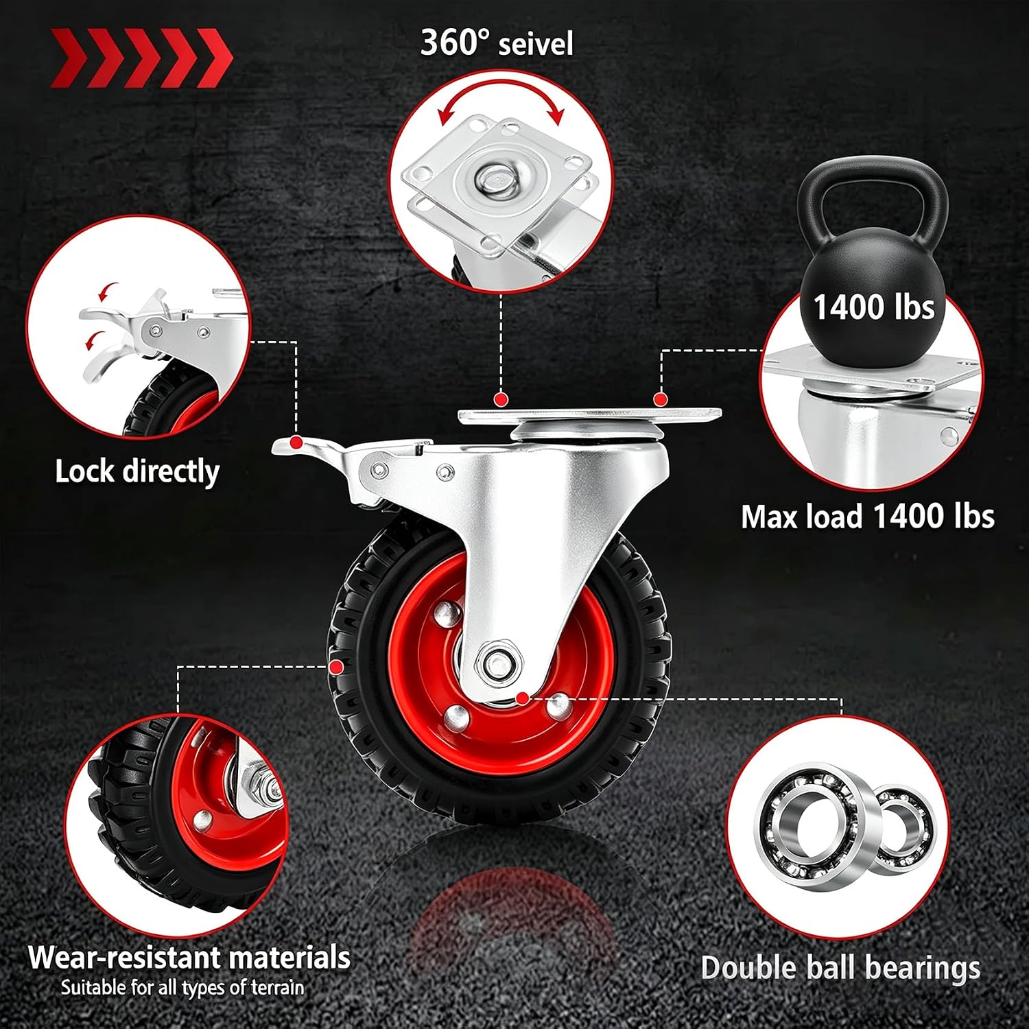 5 Inch Heavy Duty Swivel Caster Wheels 4 Pack with Total Lock Brakes | All Terrain Thick Rubber Tread Casters, 2400