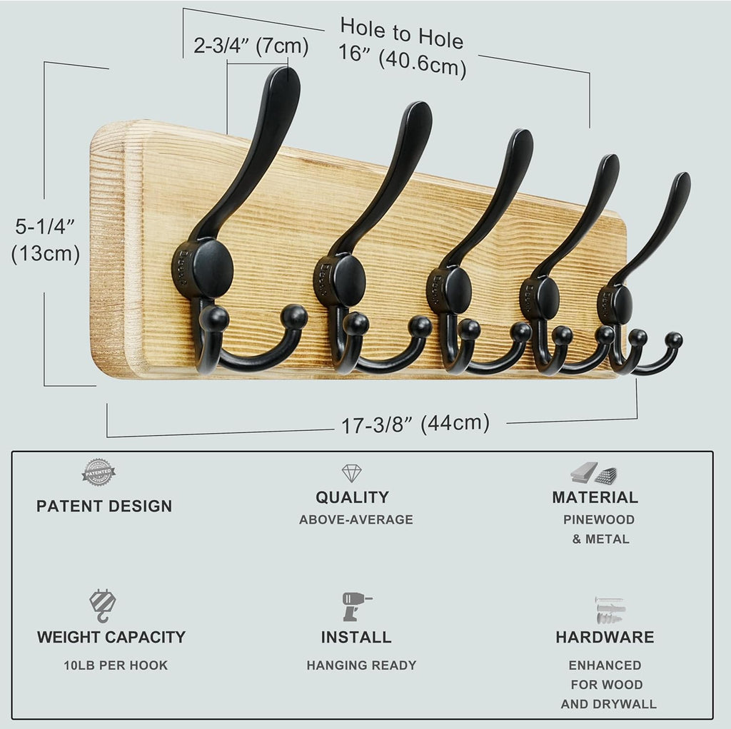 Coat Rack Wall Mounted - 5 Tri Hooks, Heavy Duty, Wooden Wall Coat Hanger Coat Hook for Clothes Hat Jacket Clothing