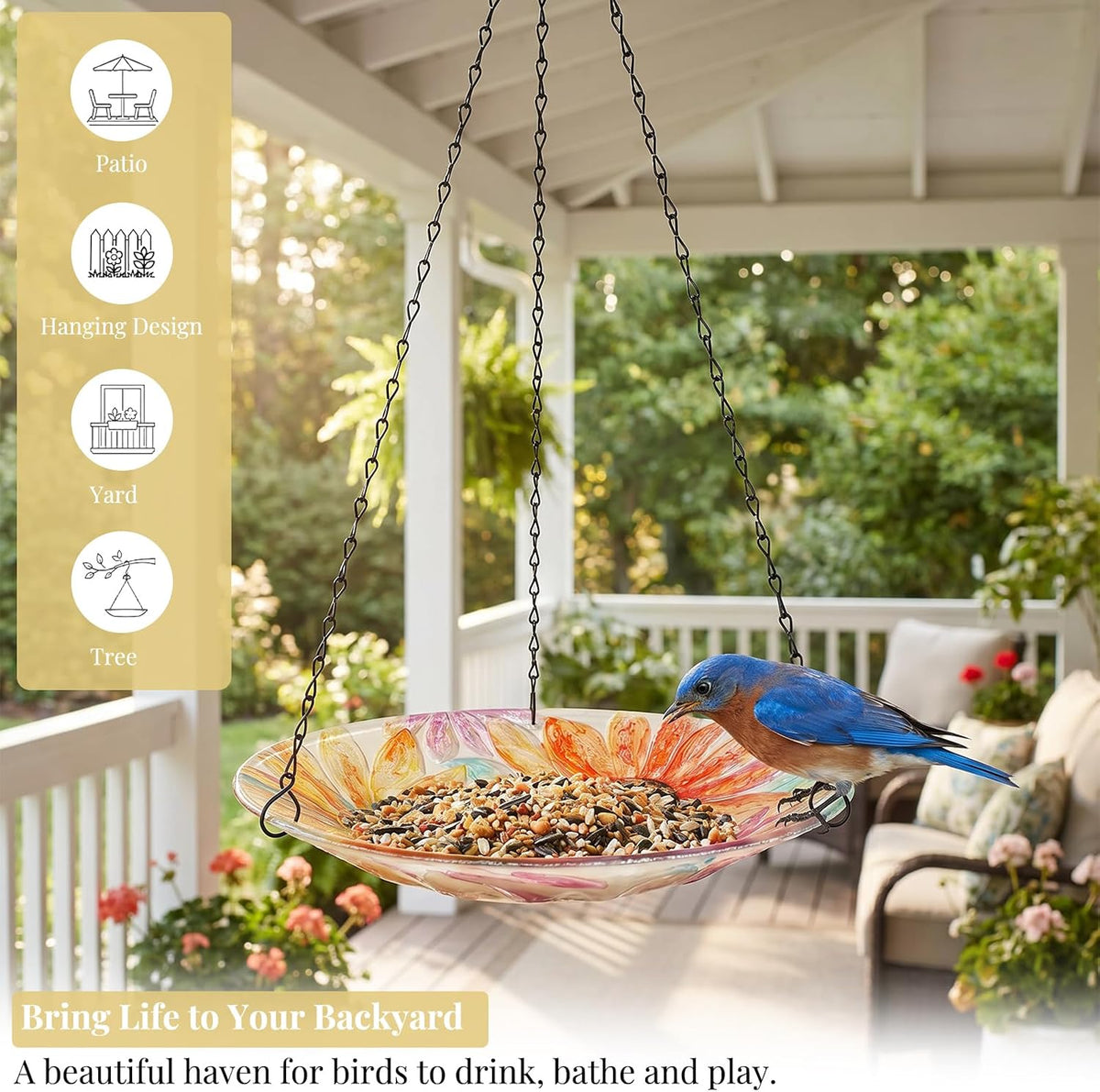 Hanging Bird Bath Outdoor Glass Bird Baths Feeder for Garden Decor