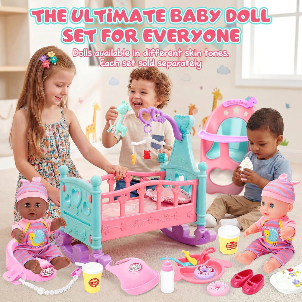 12” Baby Doll Play Set with Crib, Mobile, High Chair Feeding Accessories, Interactive Dolls for Girls Kids Pretend