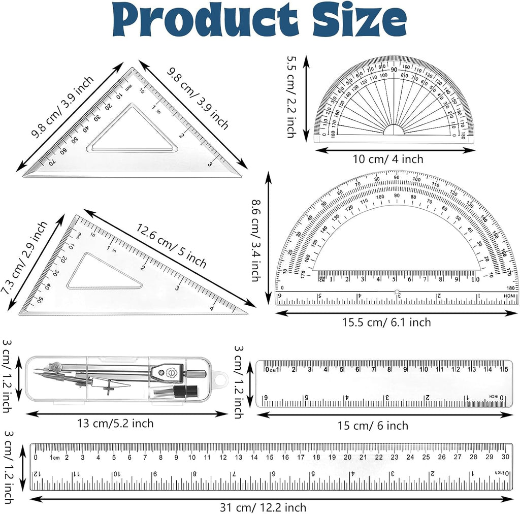 7‑Piece Geometry Set with Drawing Compass, 6 & 4 Inch Protractors, Triangle Rulers and Straight Rulers, Transparent