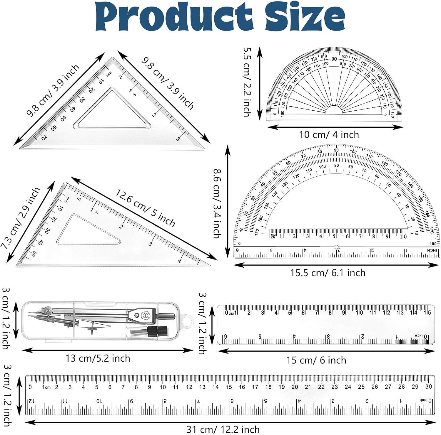 7‑Piece Geometry Set with Drawing Compass, 6 & 4 Inch Protractors, Triangle Rulers and Straight Rulers, Transparent