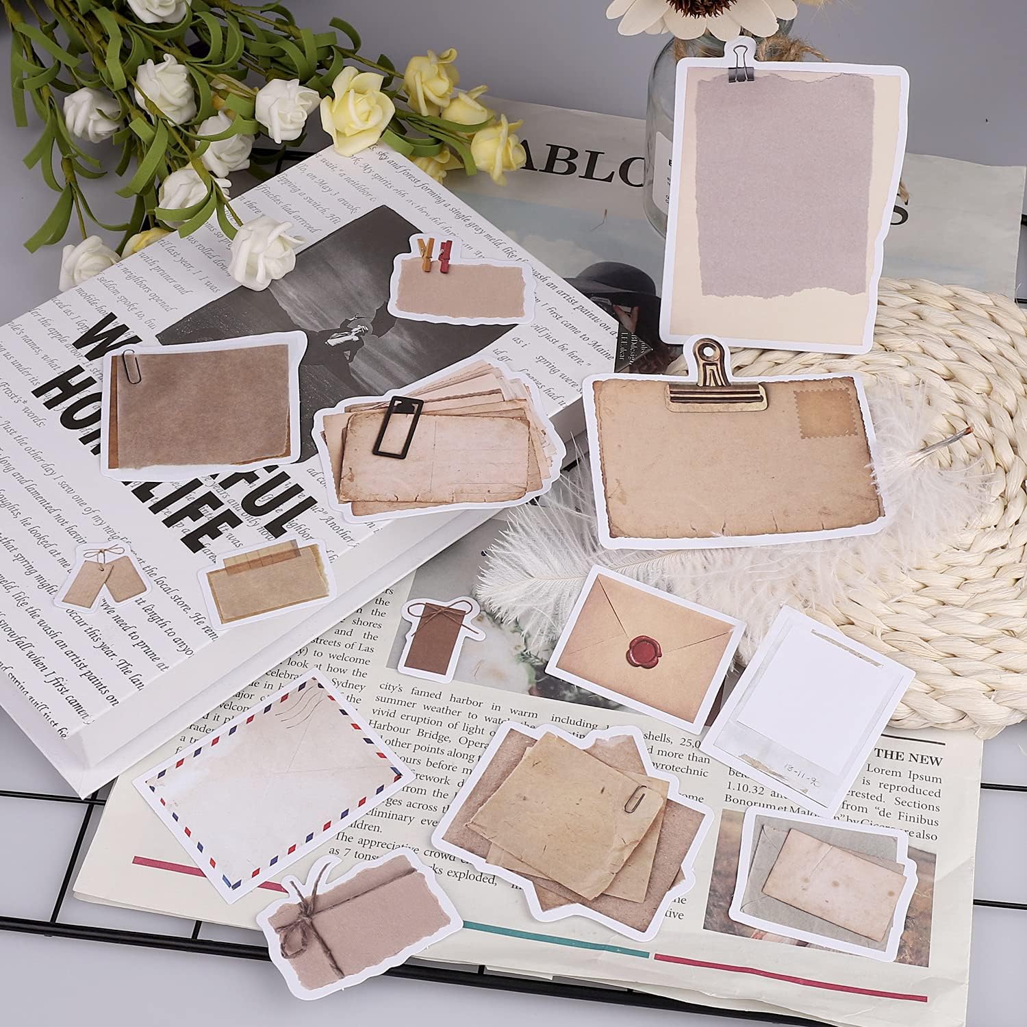 Vintage Scrapbook Paper Stickers, 90 Pcs Antique Looking Aged Paper Classic Old Writing Sticker for Scrapbook