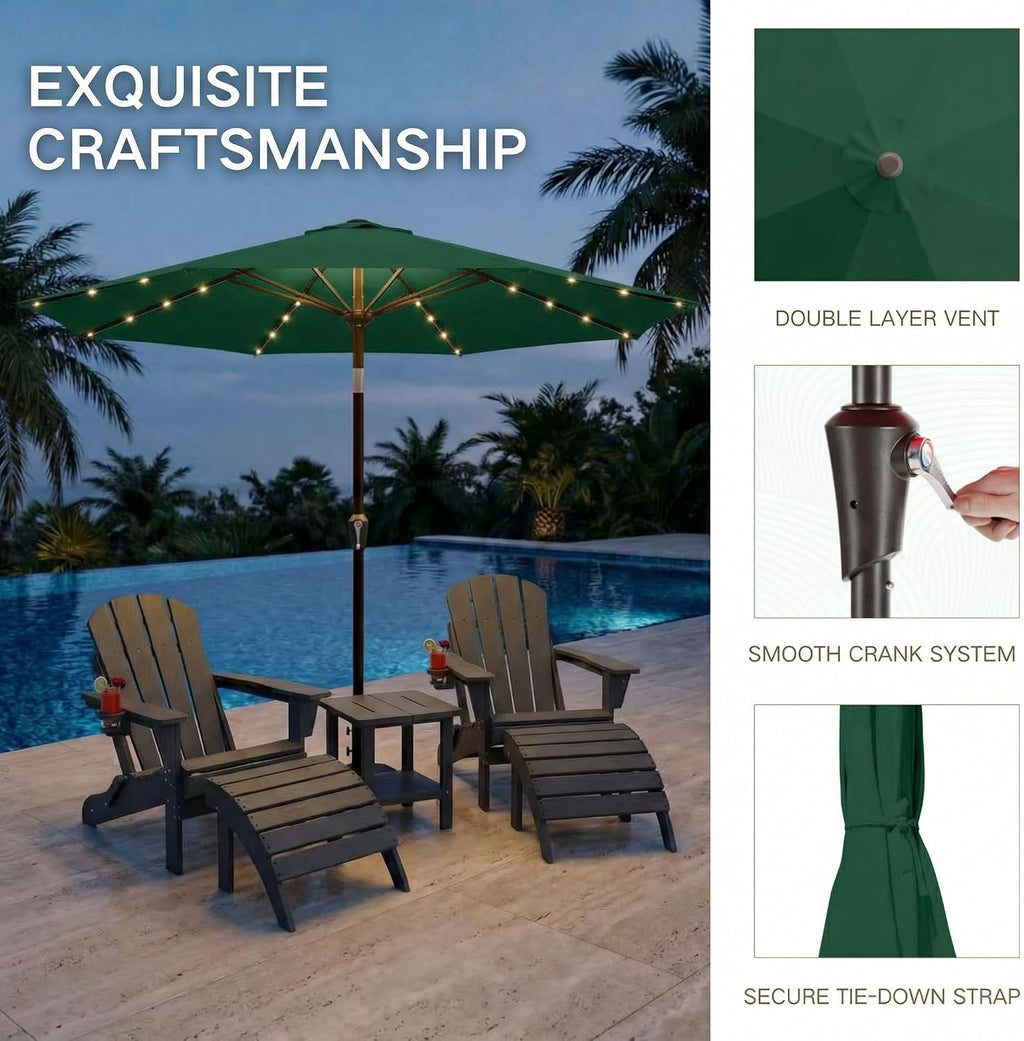 10FT Outdoor Patio Umbrella with Solar Lights, Market Table Umbrella with Push Button Tilt & Crank, 8 Sturdy Ribs, 32