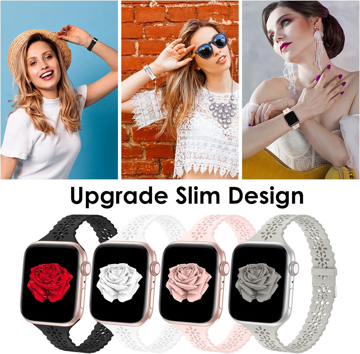 Lace Silicone Bands Compatible with Apple Watch Bands for Women | Slim Thin Hollow-out Wristband for iWatch Series 11