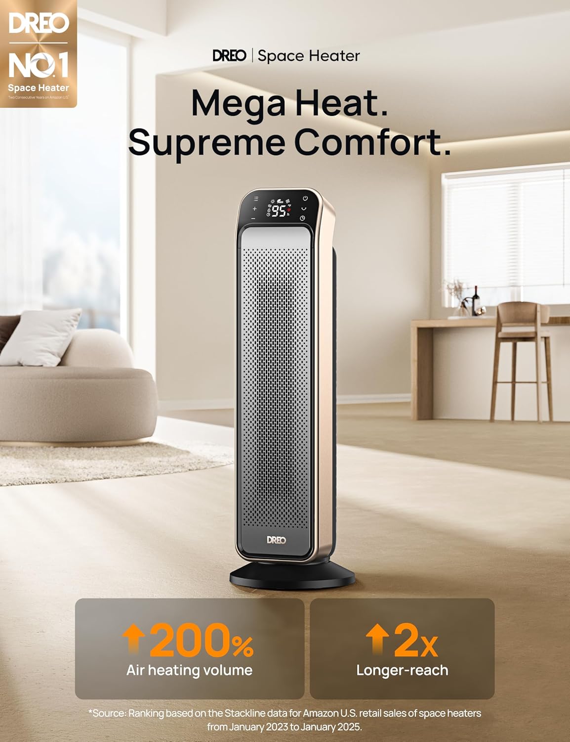 25 Inch Electric Space Heater for Indoor Use, Large Room, Thermostat | 11.5 ft/s Fast Heating, 25dB Quiet Operation