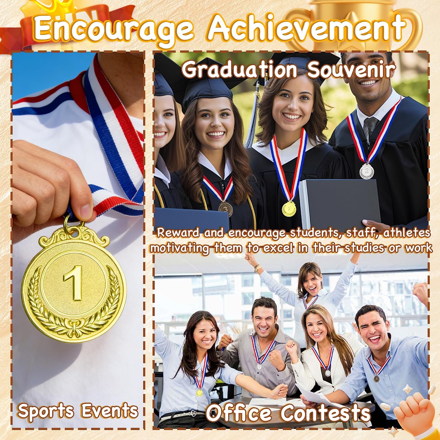 24/36/48/72/108 Pcs Gold Silver Bronze Award Medals, 2’’ Olympic Style Winner Medals Gold Silver Bronze Prizes with