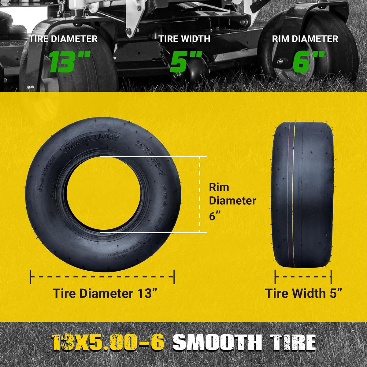 (2 Pack) 13x5.00-6 Lawn Mower Tires Tubeless, Replacement 13x5-6 Zero Turn Riding Mower Tire Smooth,4-Ply