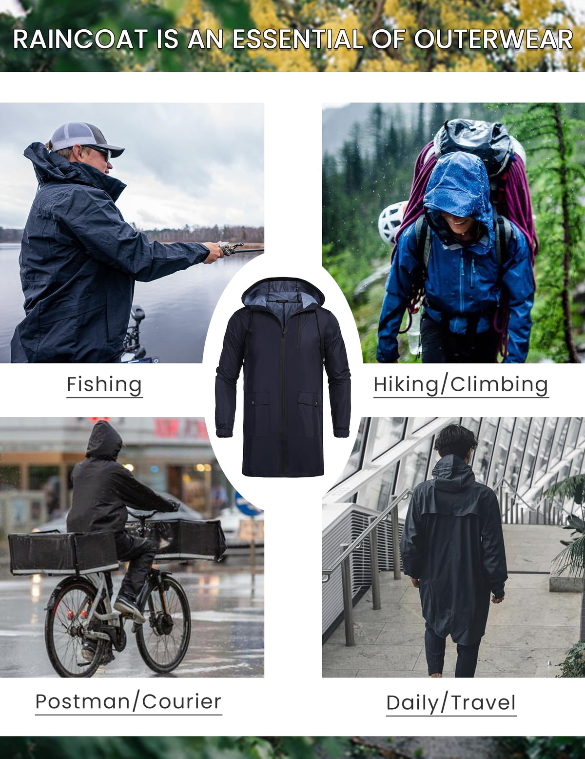 Men's Lightweight Rain Jacket Elastic Drawstring Long Raincoat Men Waterproof