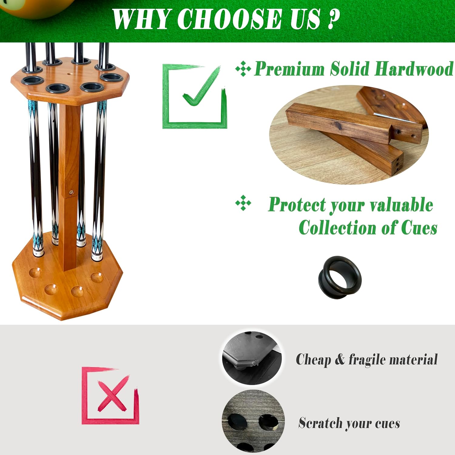 Freestanding Billiard Cue Rack, Pool Table Accessories Hold 8 Cues, Pool Cue Stick Holder, Wooden Floor Stand Pool