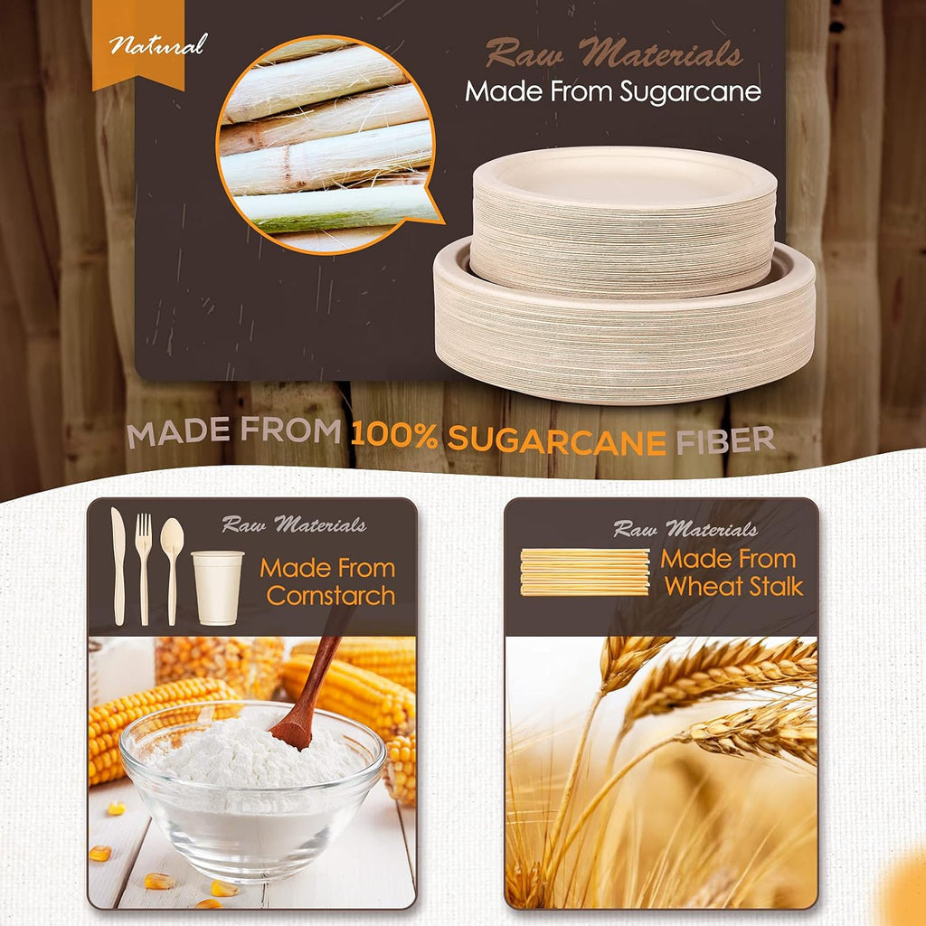 350pcs Compostable Plates Set Heavy-duty Disposable Plates Utensils