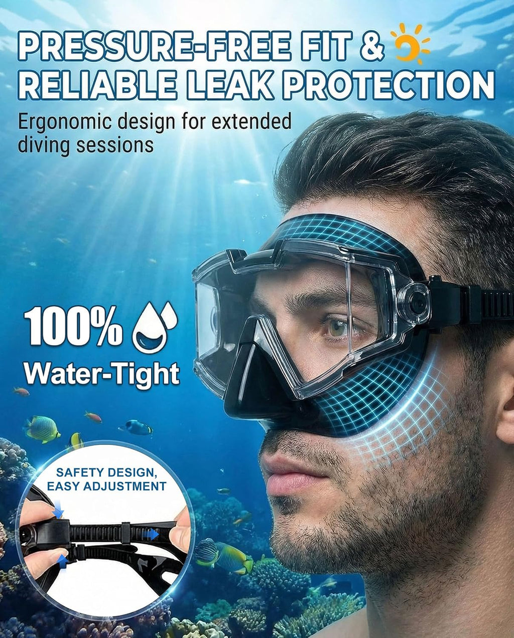 Snorkel Set for Adults, Snorkel Mask with Dry Snorkel, 180° Panoramic Anti-Fog and Anti-Leak, Diving Mask for