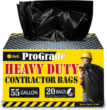 Contractor Garbage Bags 55 Gallon | 20 Trash Bags | Heavy Duty | Black Contractor