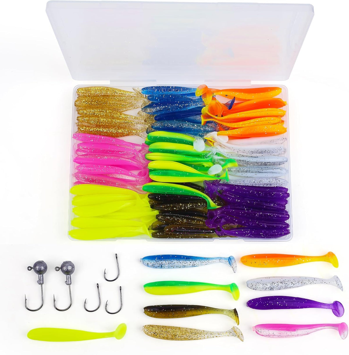 Soft Fishing Lures，90pcs Fishing Soft Plastic Lures and 5pcs Fishhook,Paddle Tail Swimbaits Soft Plastic Lures Kit