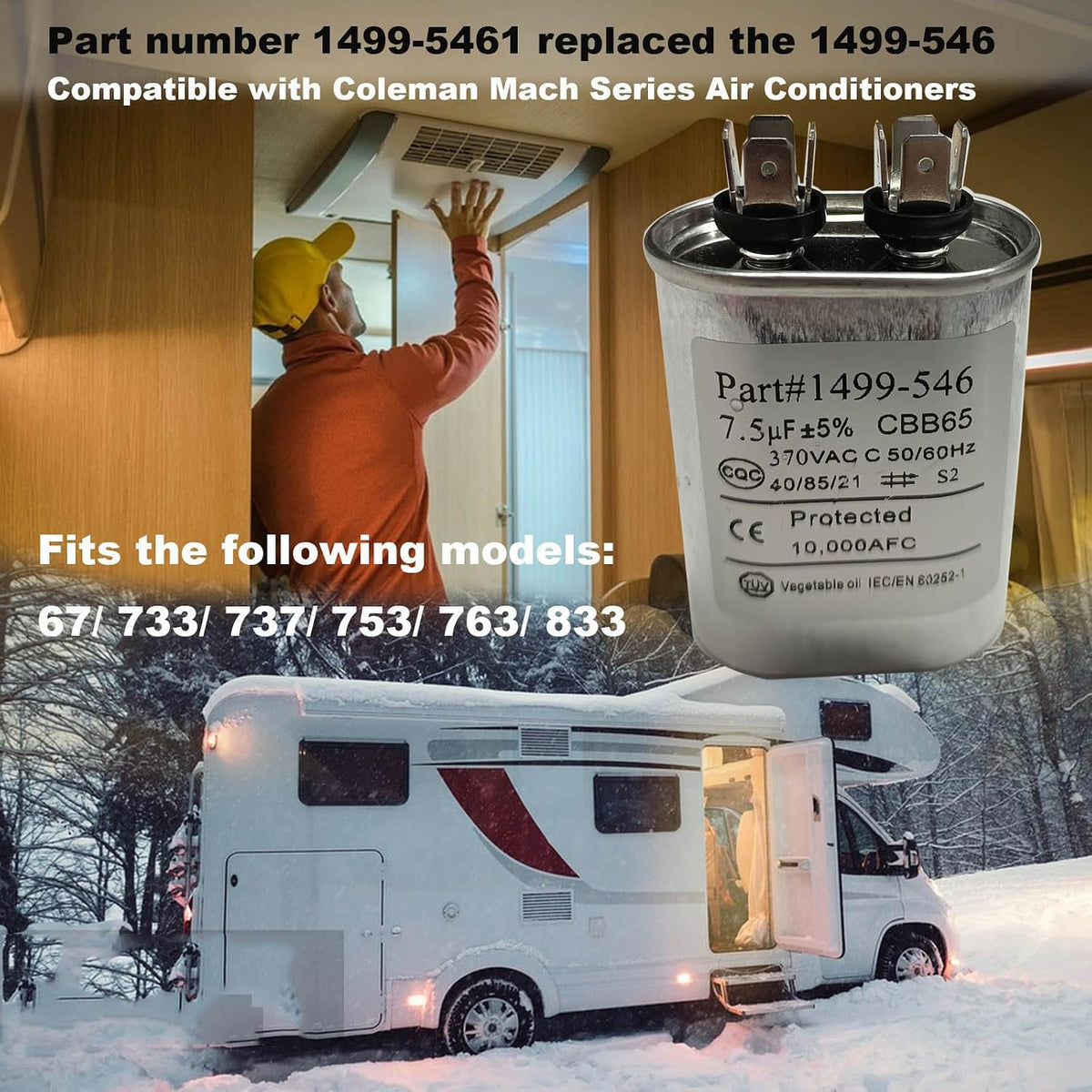 1499-5461 Fan Capacitor for Coleman RV Air Conditioner, Oval Metal Through-Hole Mount Capacitor, 7.5 F, 370 VAC / 50/60Hz, Fits 67/733/737/753/763/833 Models