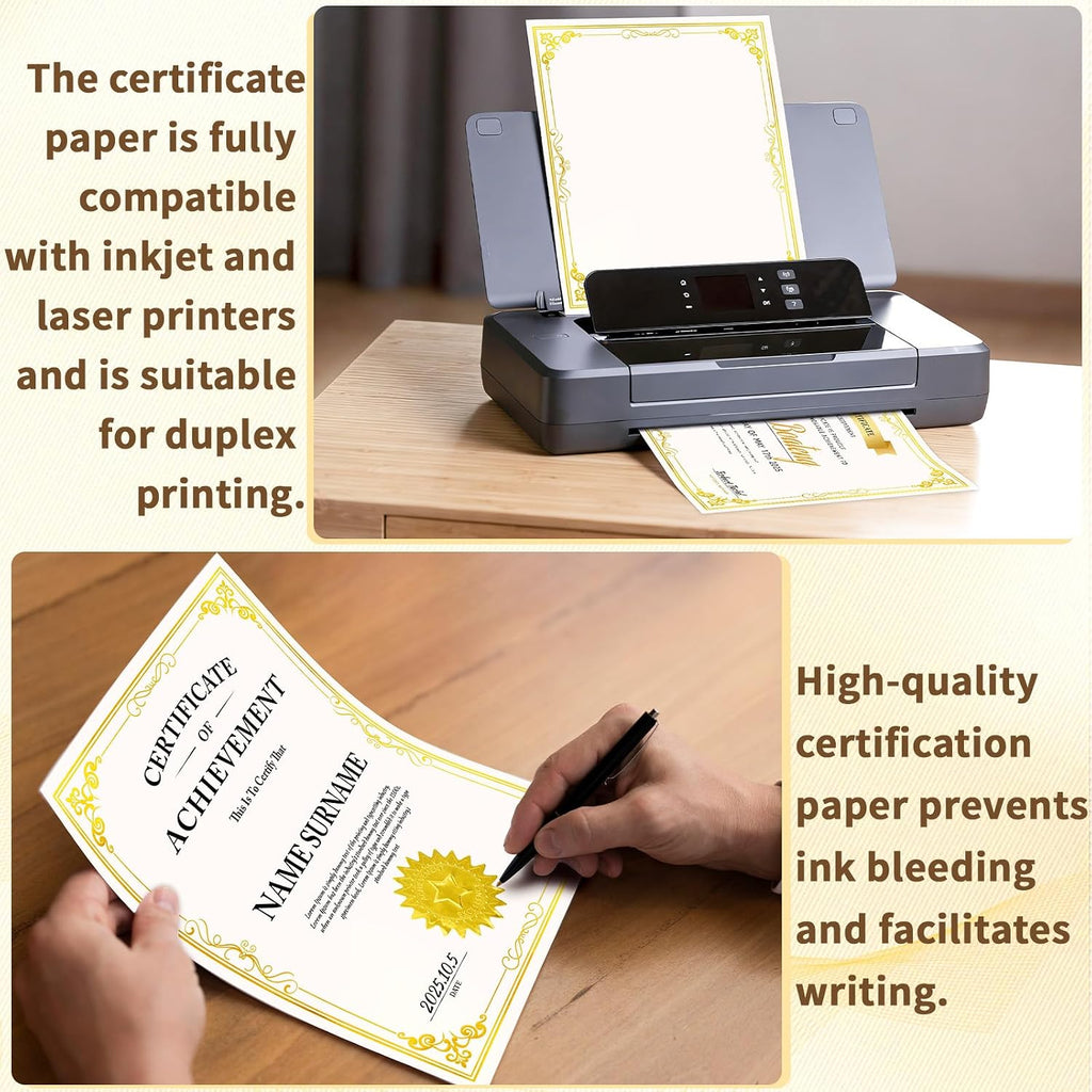 200 Sheet Gold Foil Award Certificate Paper Bulk 8.5 x 11 in for Printing Customizable Blank Cardstock Gold Border