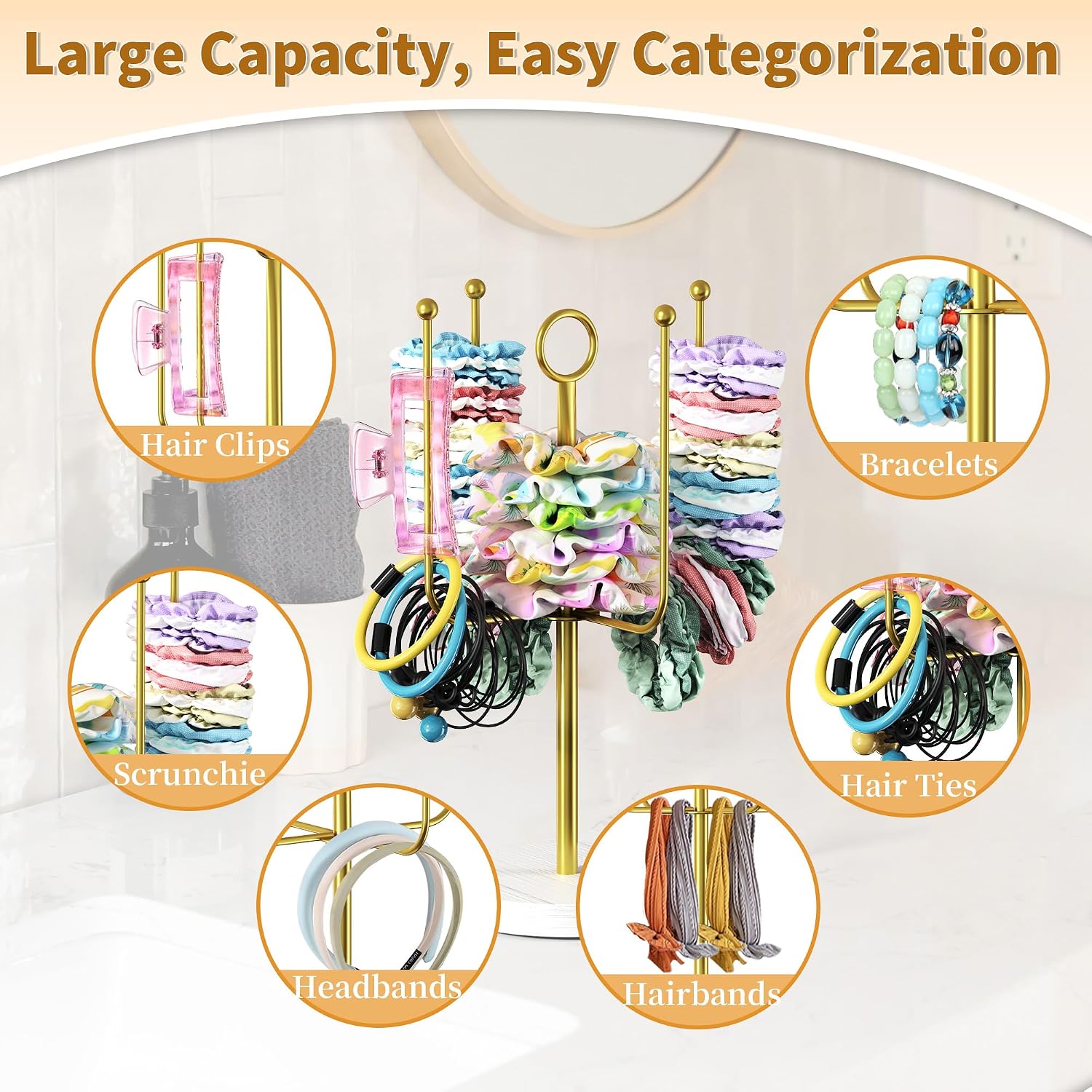 Scrunchie Holder for Desktop, Claw Clip Organizer, Hair Tie Organizer, Gold | Wall Mounted Headband Holder for Women