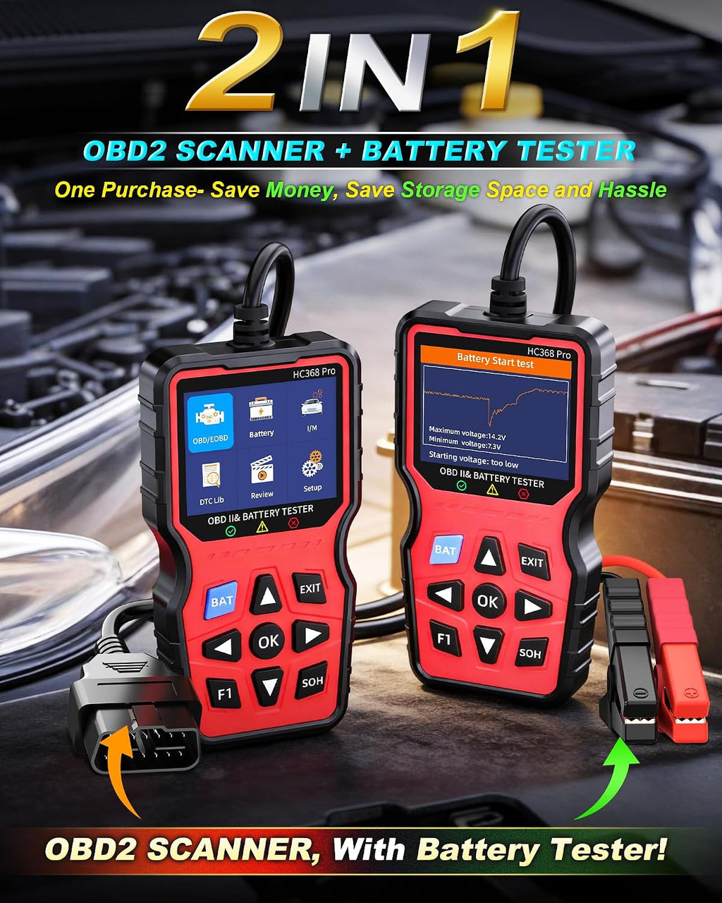 Easy to Use 2-in-1 OBD2 Scanner with Battery Tester: 1S Read & Clear Check Engine Codes + Test Battery in Mins - DIY