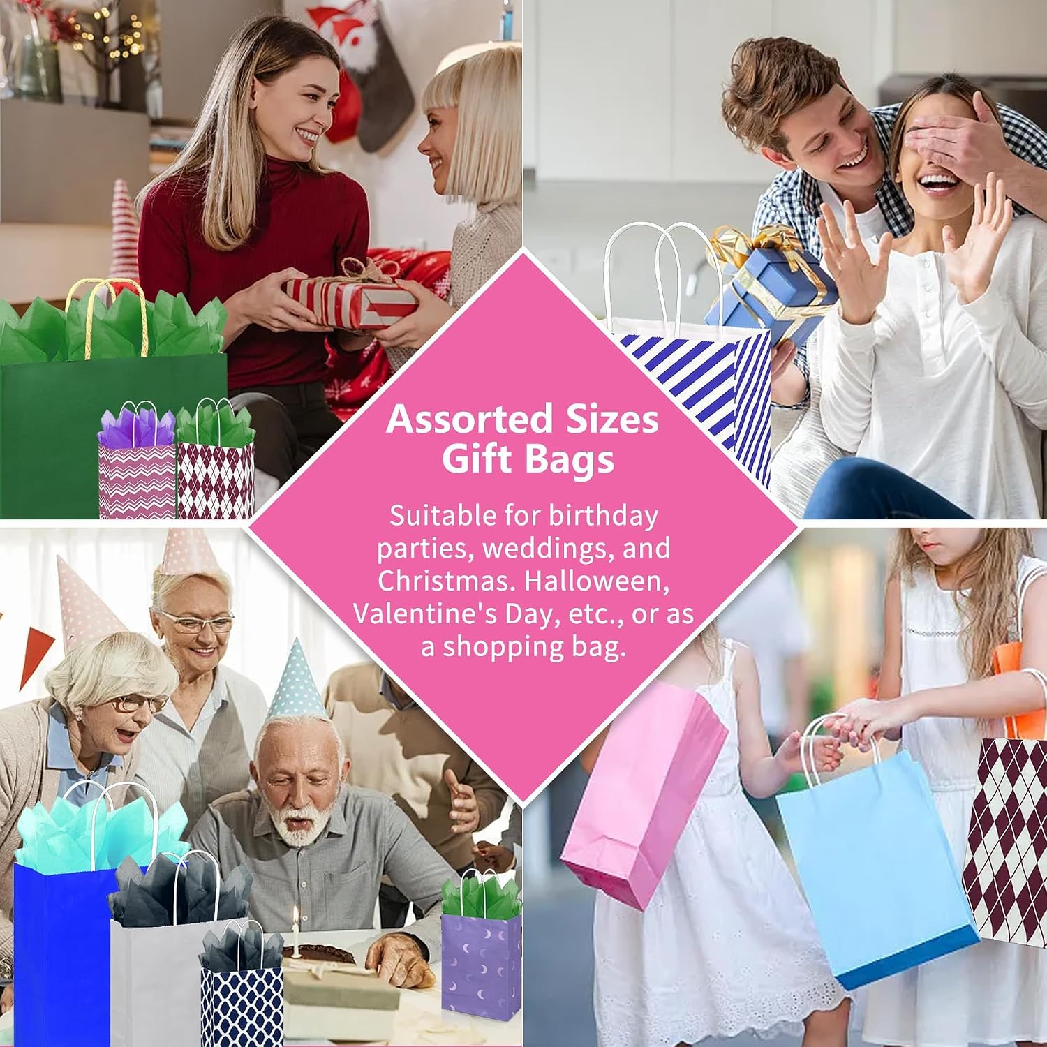 70 PCS Assorted Sizes Gift Bags with Handles Includes 35 Gift Bags 5 Sizes Multiple Colors 35 Tissue Papers 7 Color