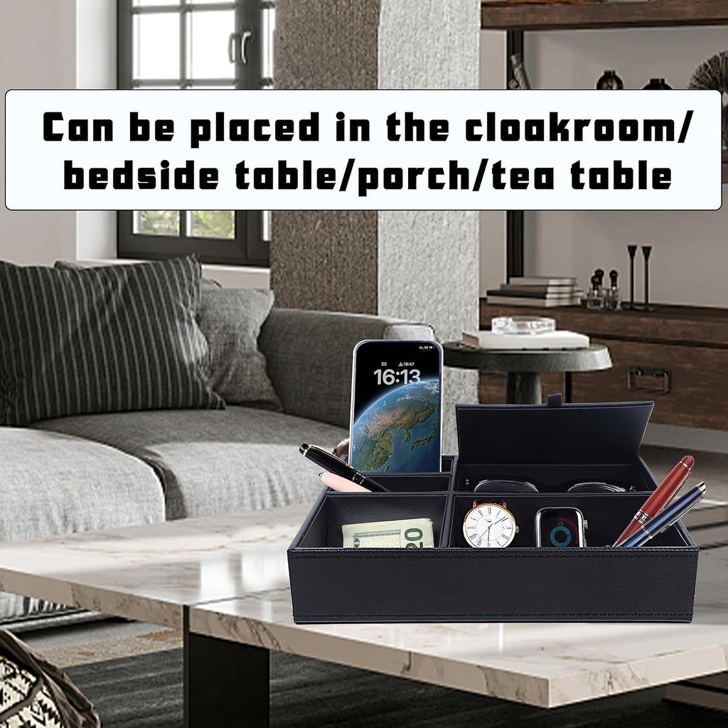 Men's Valet Tray, Jewelry Box Nightstand Organizer with 5 Compartments for Phone Keys Wallet Watch Glasses, Faux