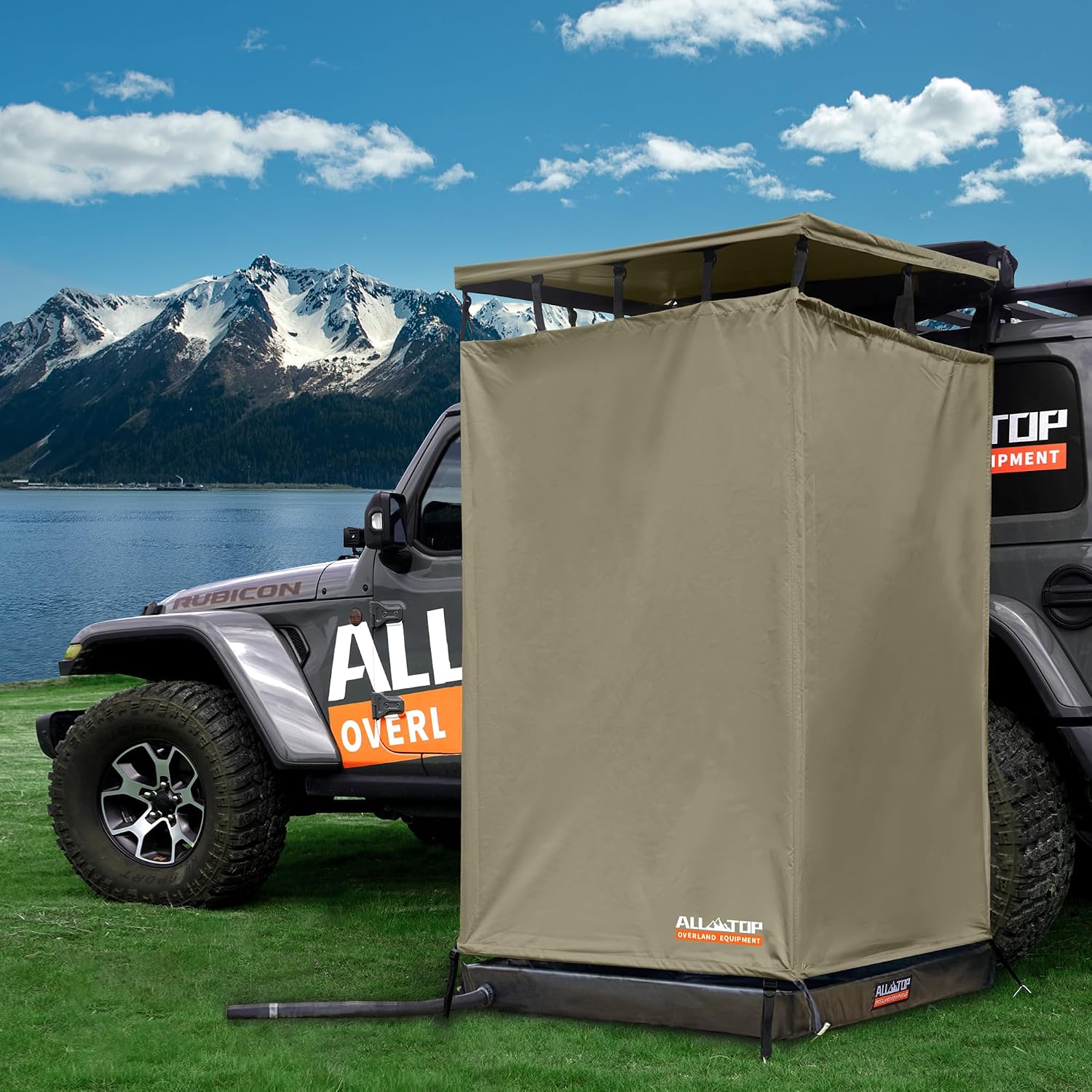 Awning Shower Room w/Foldable Floor Mat, 3.3ft x 3.3ft, Privacy Shelter Restroom w/Roof, LED Light, Drain Pipe