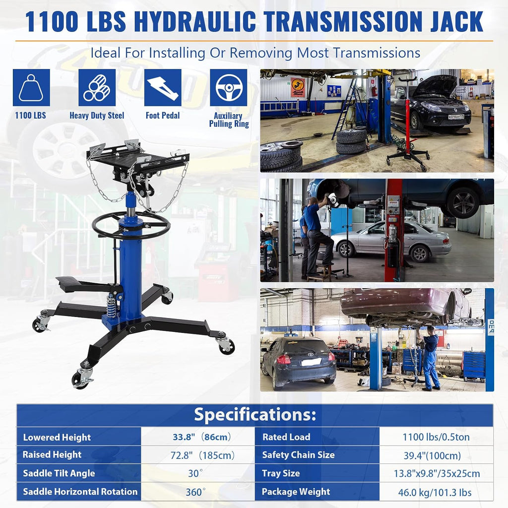 Hydraulic Transmission Jack - 1100 Lbs Capacity, 2-Stage Telescopic Lift 33.8"-72.8", 360° Swivel Wheels, Foot Pedal