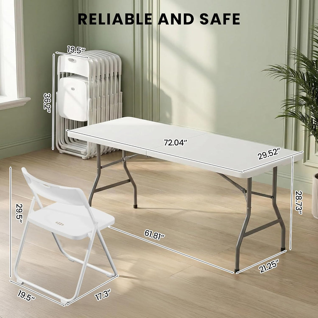 6FT Foldable Table Set with 6 Pack Plastic Folding Chairs, Heavy Duty 350 lbs Folding Table & Folding Chairs
