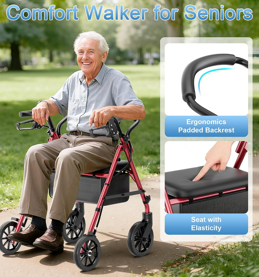 Walkers for Seniors with Seat, Portable Rollator, Red | 16 lb Lightweight, 5-Level Height Adjustable, 22" Wide for