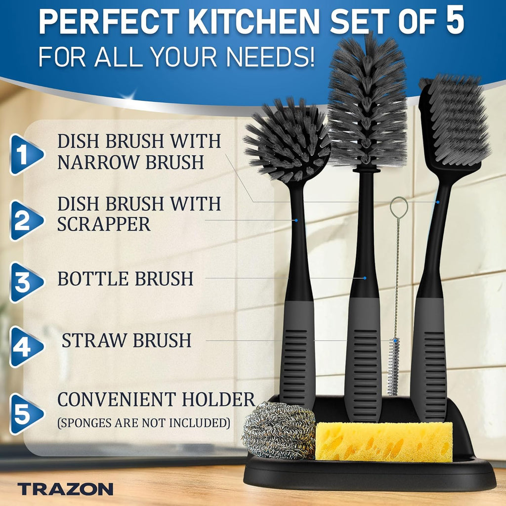 Dish Brush Set of 5 with Holder - Kitchen Scrub Brushes with Non-Slip Long Handle for Cleaning, Scrubber