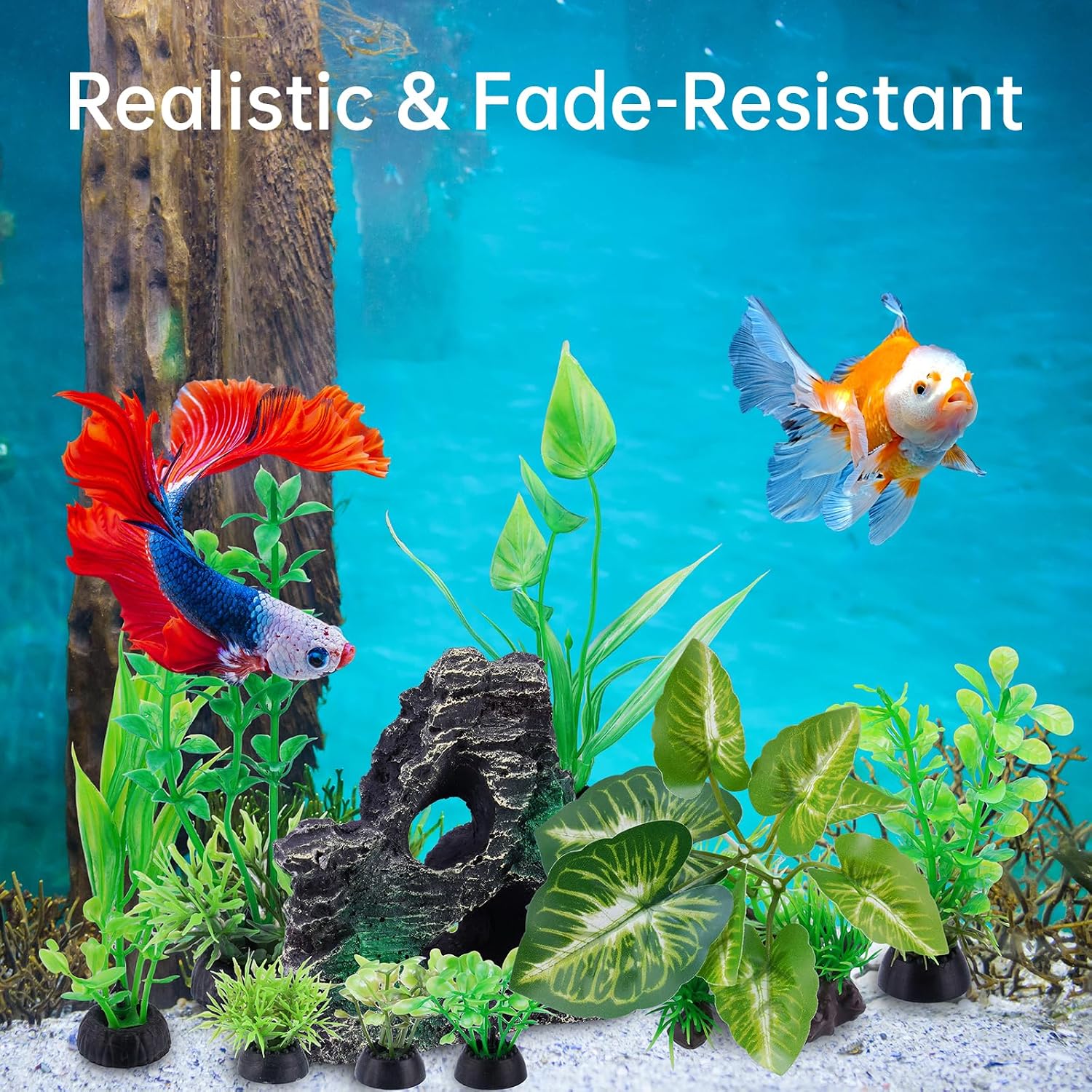 9PC Artificial Aquarium Plants Fish Tank Decor Betta Driftwood Green | Weighted Base With Rock Mountain, Non-Fading