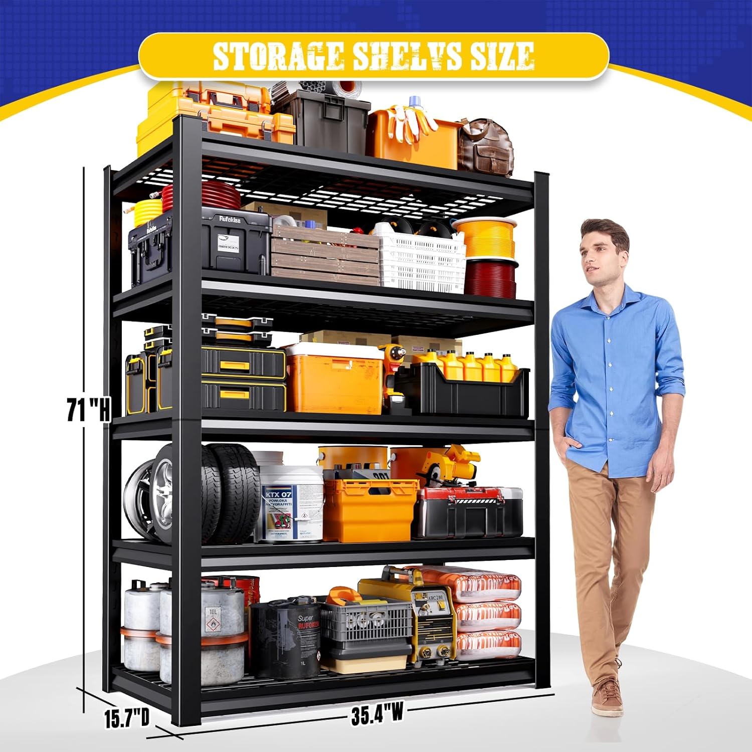 71" H Garage Shelving 5-Tier Heavy Duty Storage Shelves, Tool-Free Adjustable Metal Shelf Unit, Utility Organizer